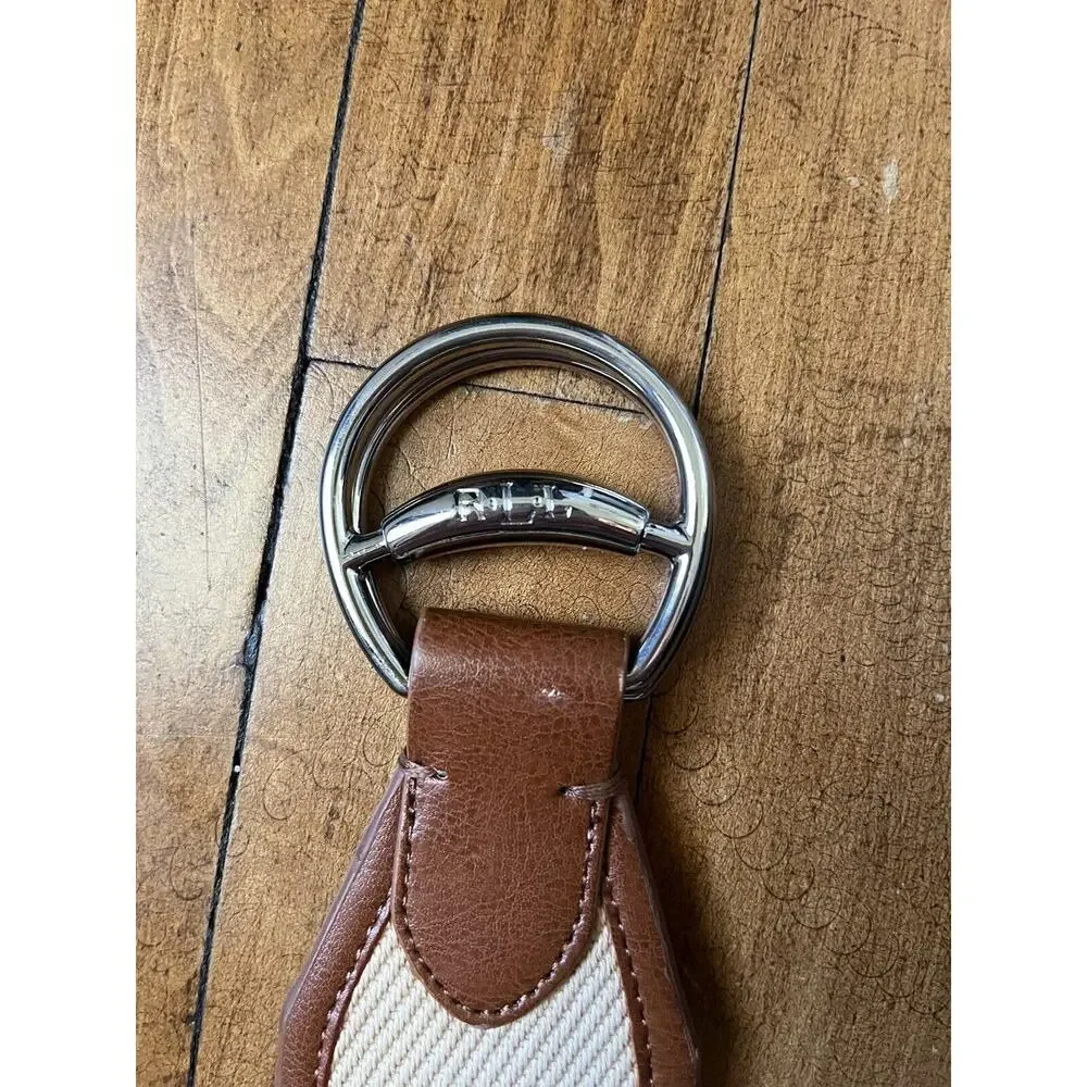 ✨Lauren Ralph Lauren Canvas Camel Brown Ivory Leather Look Belt Equestrian S